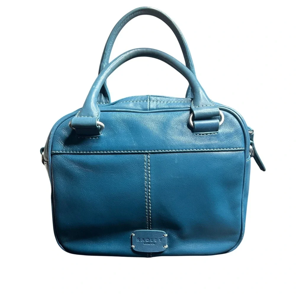 Radley London Teal Blue Leather Satchel Top Handle Bag Contrast Stitching
